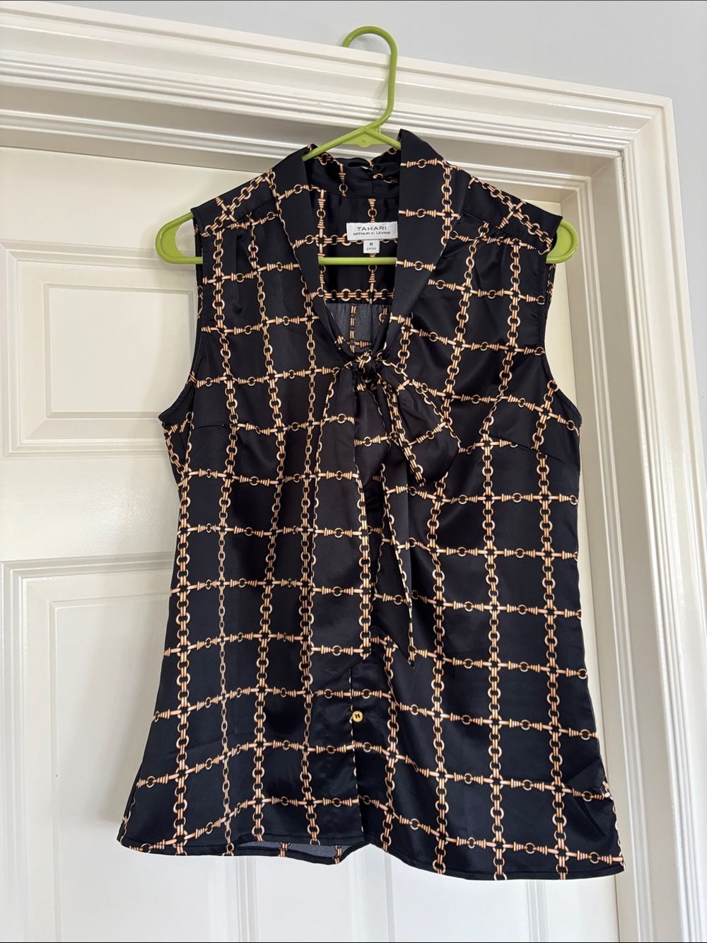 Tahari Black and Gold Sleeveless Tie-Neck Blouse